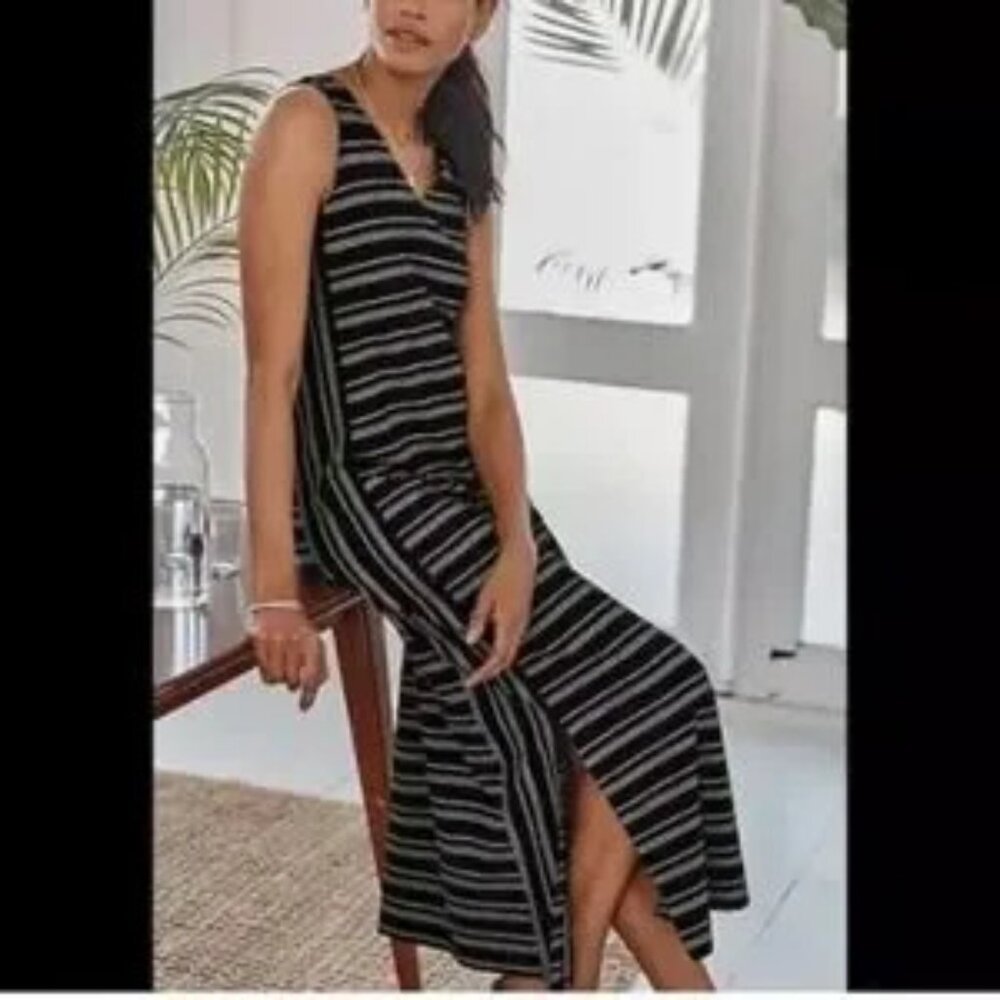 J.Jill M WEAREVER Black White Opposite Stripe Dress Tank Maxi Slit